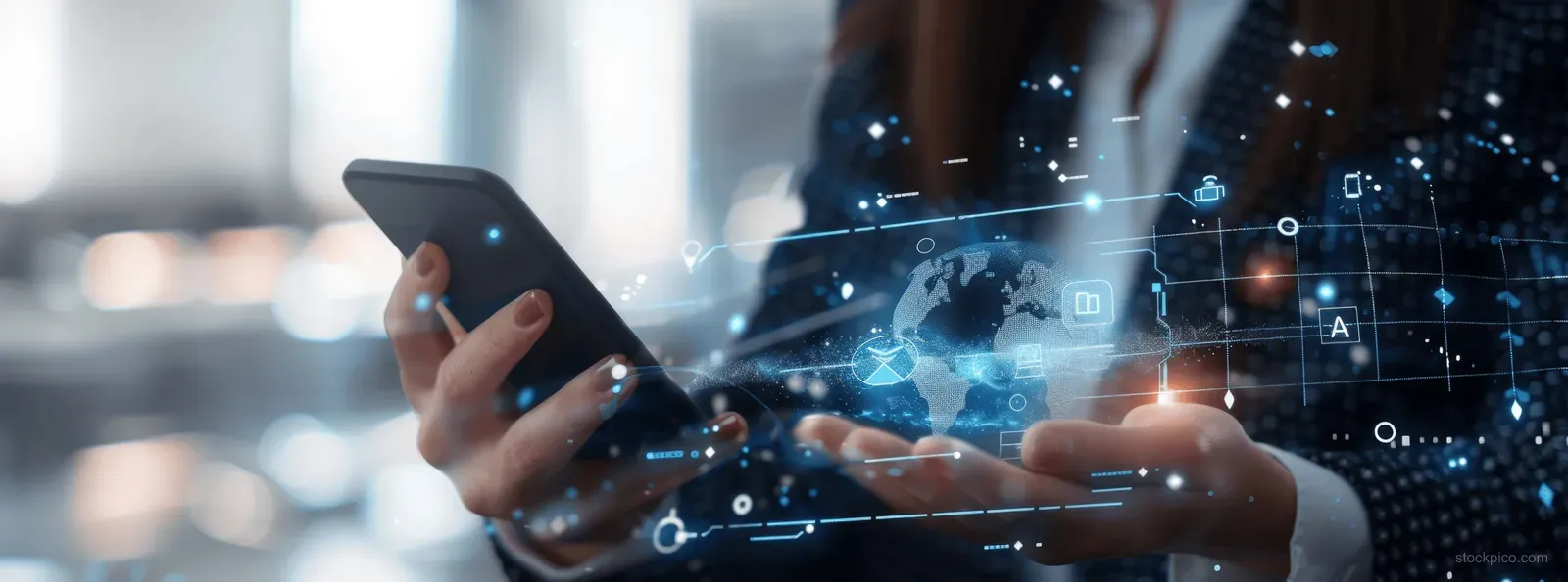 A person holds a smartphone as a glowing IoT network interface and data icons overlay a blurred city view.