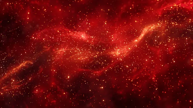 Red cosmic nebula cloud with golden glitter stars and glowing dust streaks across the background.