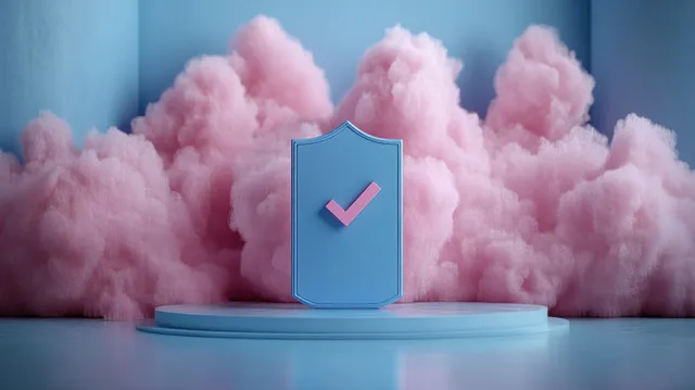A smartphone shows a blue shield icon with a checkmark above fluffy clouds suggesting encrypted data protection.