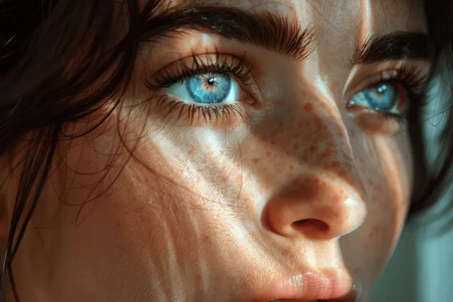 Close-up of a young woman’s blue eyes and freckles in warm sunlight