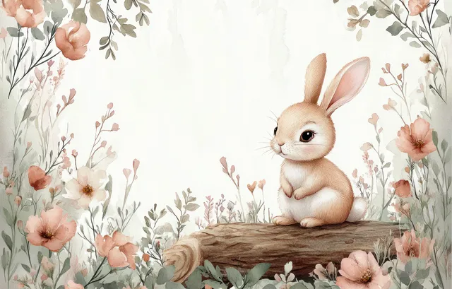 Watercolor bunny sitting on a log in a woodland floral frame for baby shower invitation