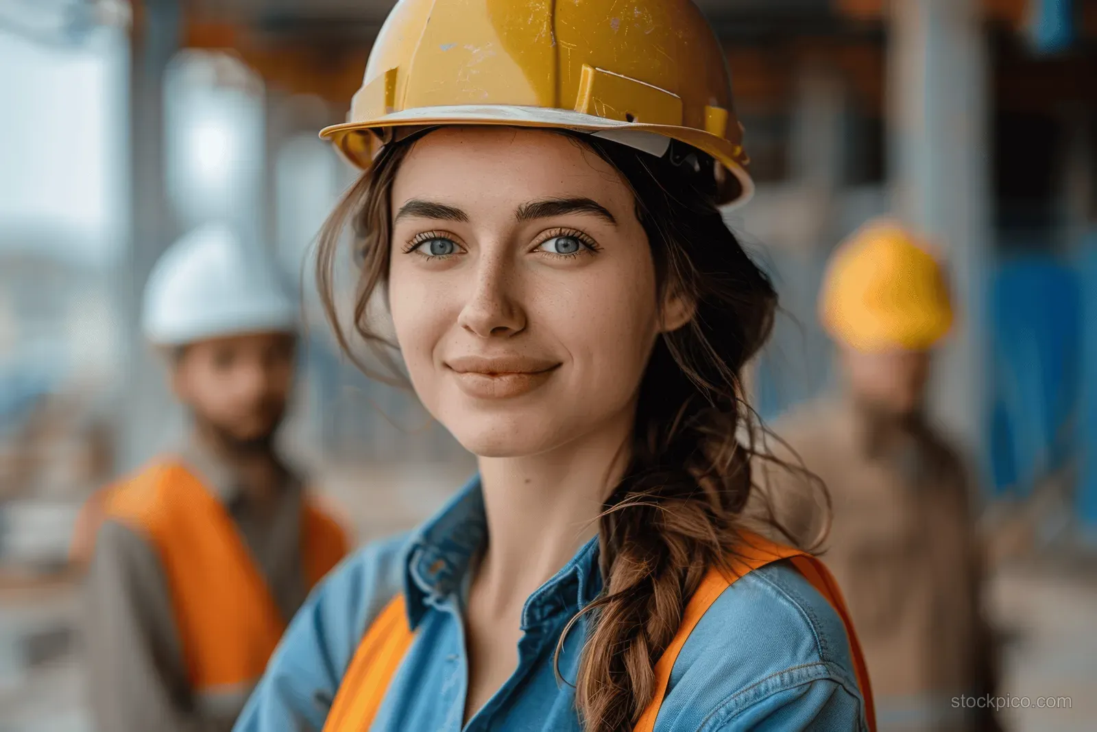 Woman in a hard hat and safety vest smiles in front of a construction site with other workers blurred behind her.