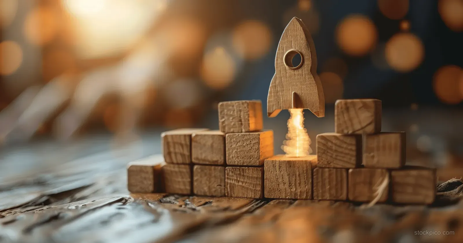 Wooden rocket on stacked blocks points upward on a desk while warm lights blur in the background.