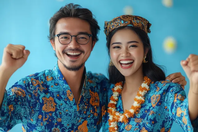 Two government employees in blue batik uniforms smile and raise their fists in celebration before a blurred blue background.