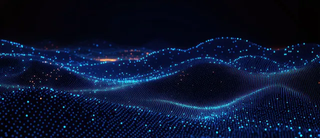 Glowing blue dot waves ripple across a dark digital abstract landscape