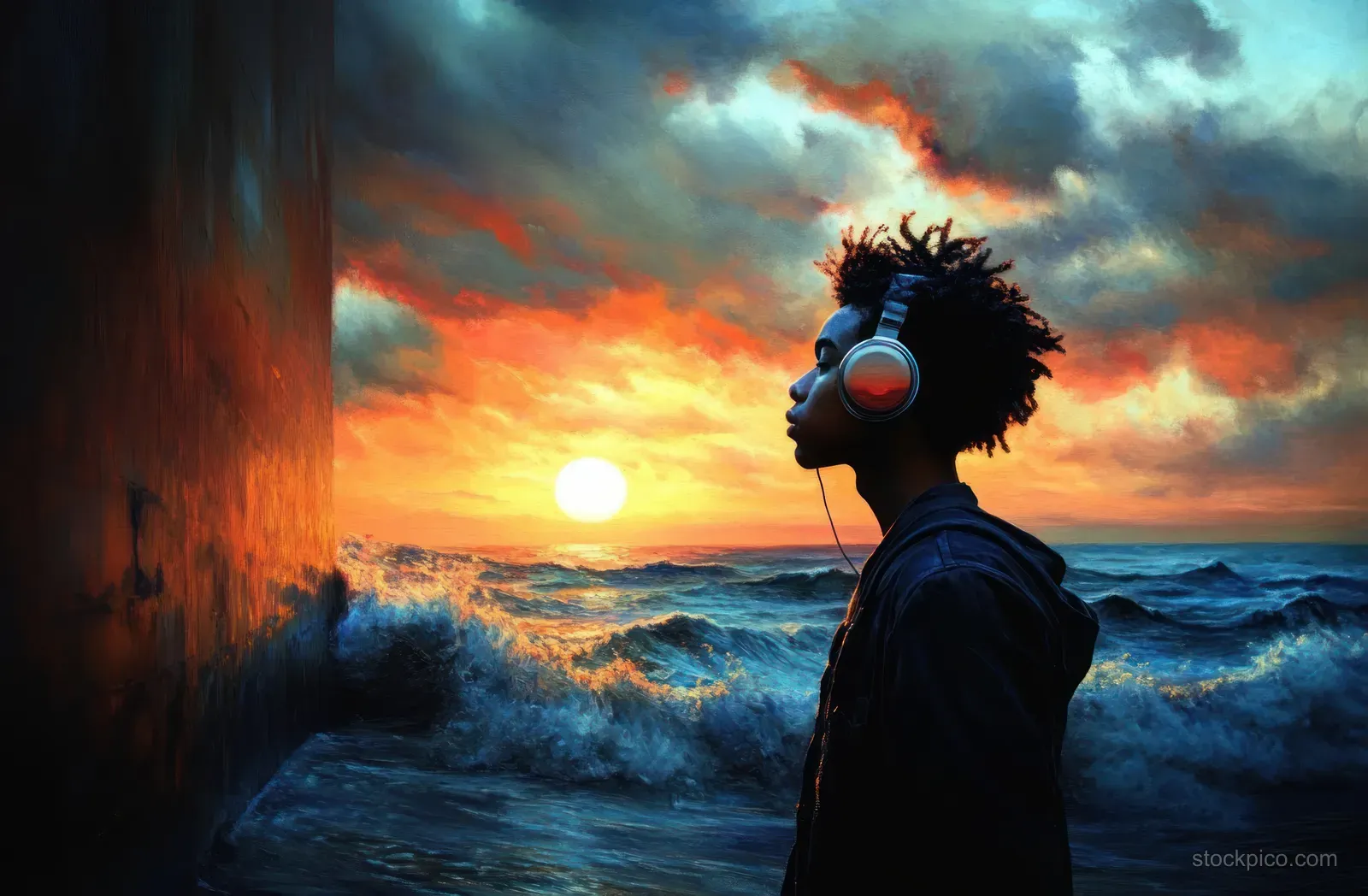 Silhouette of a young person wearing headphones beside an ocean wall as waves crash beneath a vibrant sunset and stormy clouds.