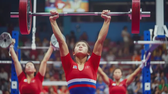 Thai woman weightlifter holds a barbell overhead during a competition with a cheering crowd behind her.