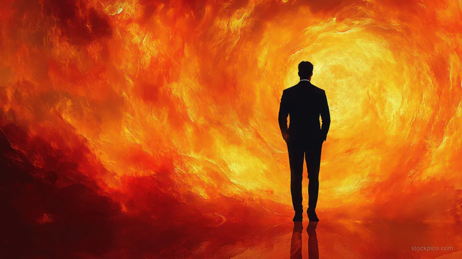 A suited man silhouette stands facing a swirling orange and yellow fire vortex with a reflection on the ground.