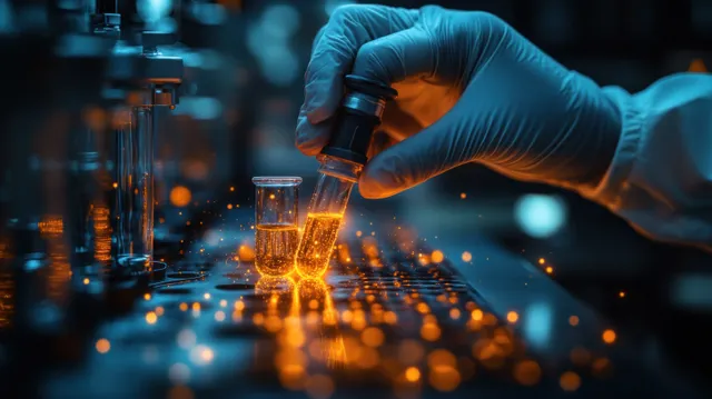 Gloved hand uses a pipette to place glowing golden droplets over a molecular grid in a dark lab.