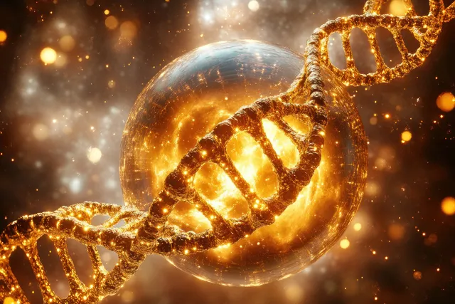 Golden glowing DNA double helix curves around a luminous sphere with sparkling particles in the background.