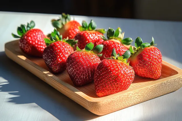 Ripe red strawberries with green leaves arranged on a wooden tray under natural sunlight.