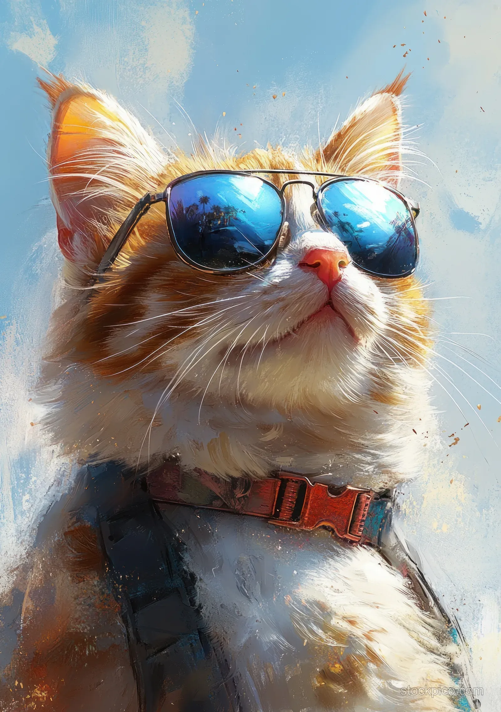 An orange tabby cat wearing blue sunglasses outdoors against a clear sky watercolor background.