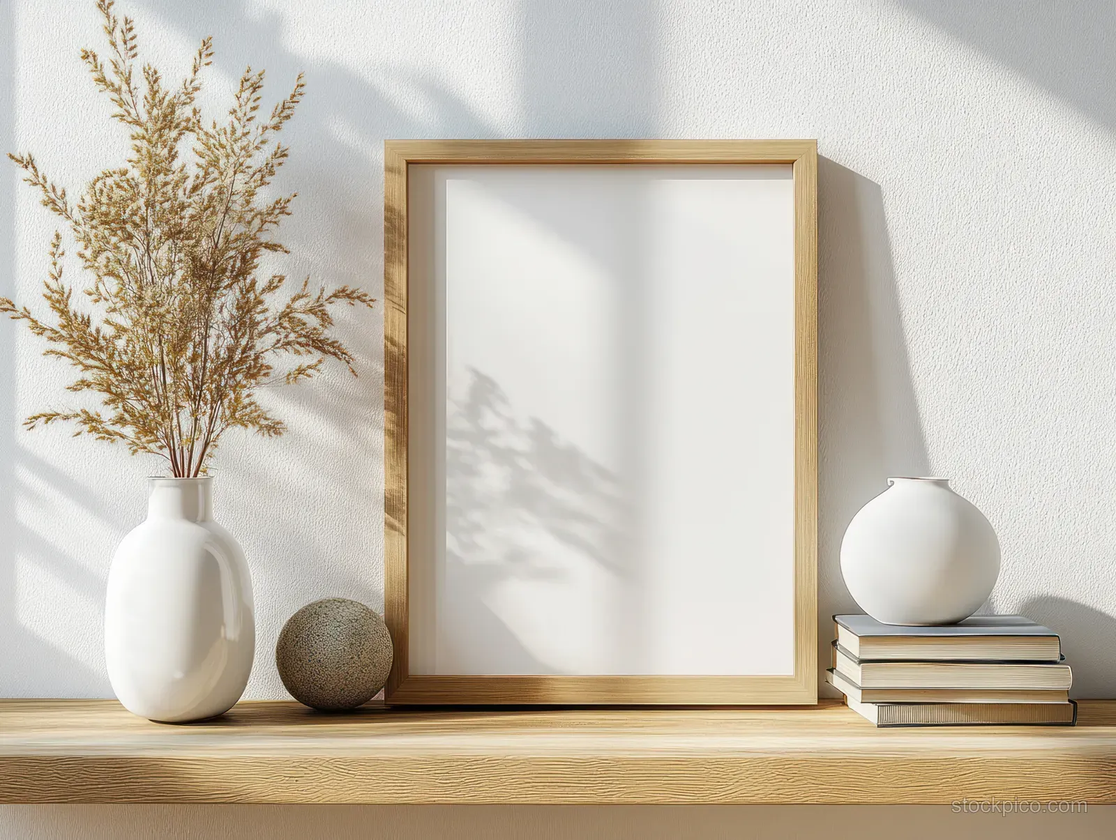 Blank wooden picture frame on a shelf with dried flowers, stacked books, and soft shadows on a white wall.