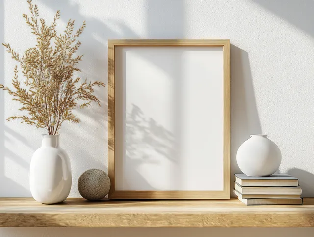 Blank wooden picture frame on a shelf with dried flowers, stacked books, and soft shadows on a white wall.