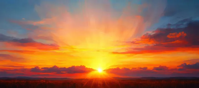 Sunset over tall grass field with radiant sun rays piercing low clouds and vivid sky