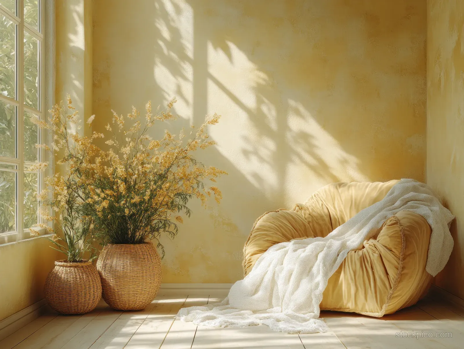 A minimalist armchair with a folded blanket sits beside sunlit windows and potted botanical decorations.