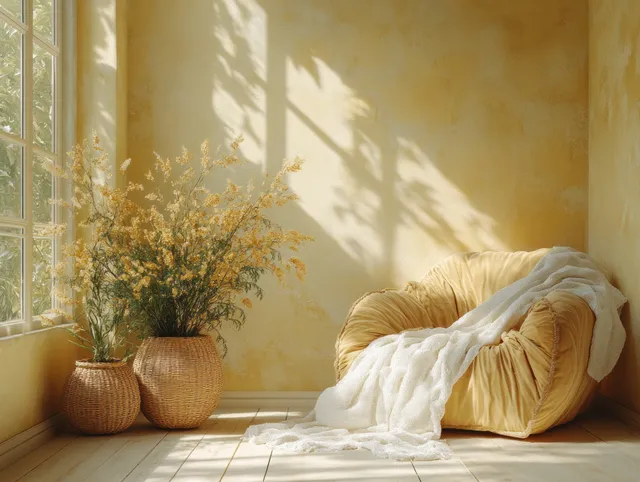 A minimalist armchair with a folded blanket sits beside sunlit windows and potted botanical decorations.