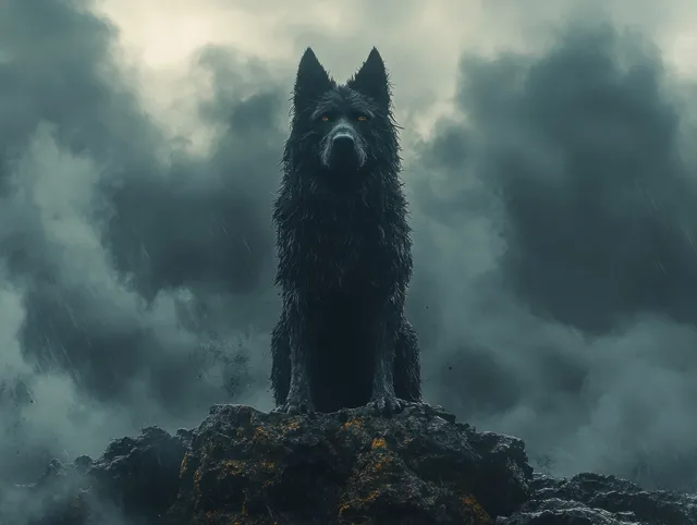 A three-headed underworld guardian dog crouches on jagged rocks beneath dark storm clouds.