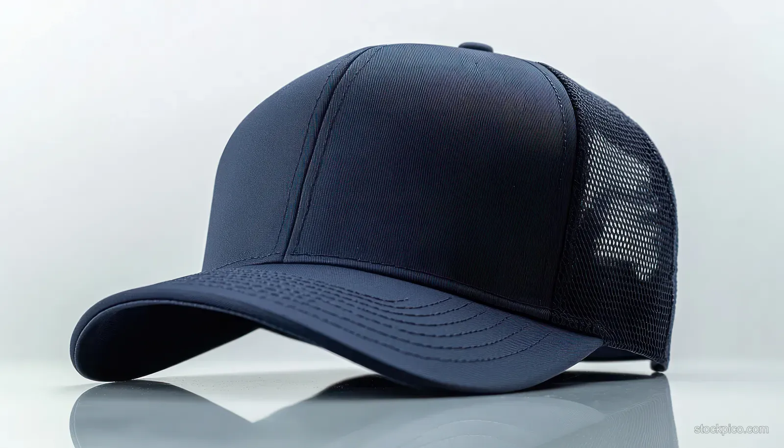 Dark navy baseball cap with a ventilated mesh back sitting on a reflective white surface.