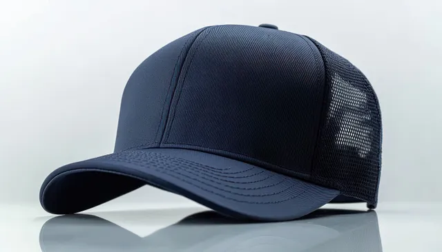 Dark navy baseball cap with a ventilated mesh back sitting on a reflective white surface.