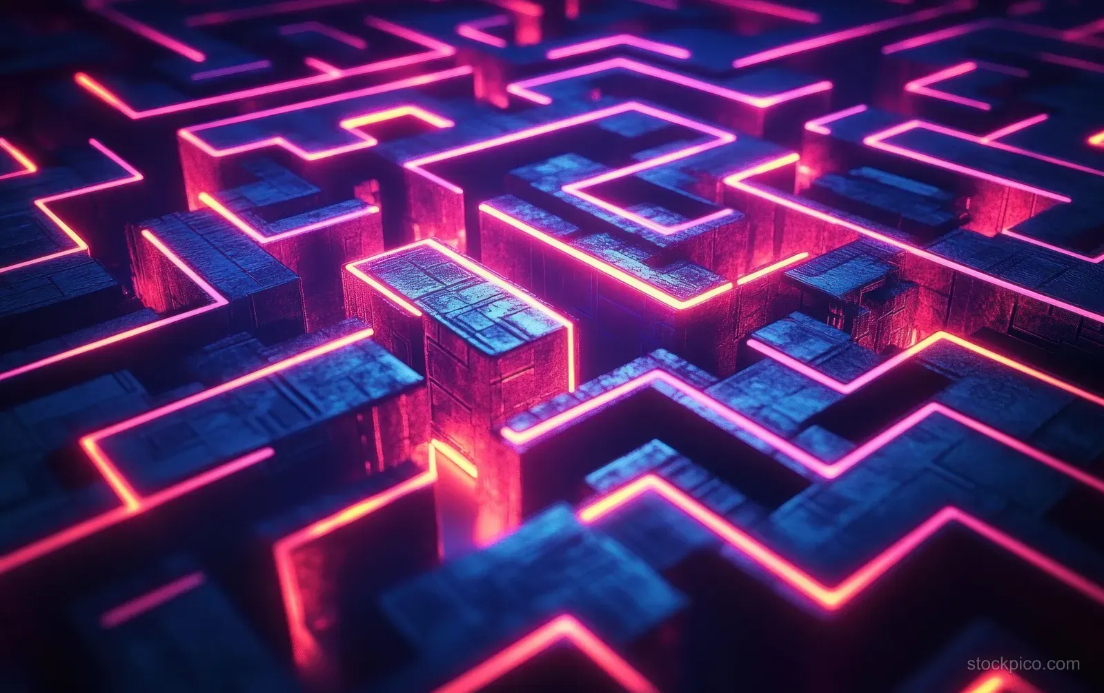 Neon pink and blue glowing pathways form a complex maze across dark textured block walls.