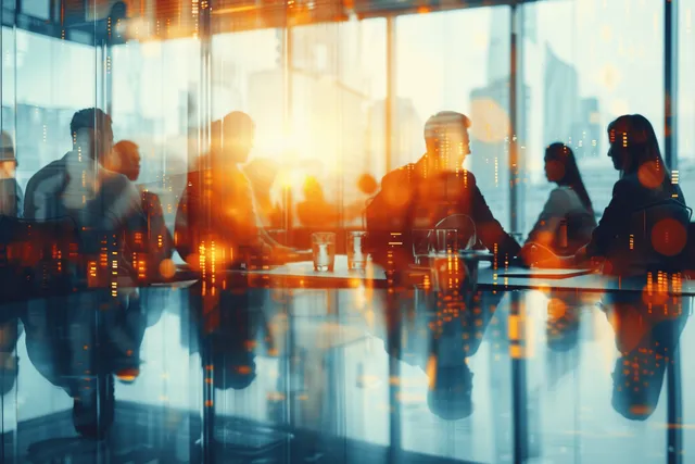 Business meeting in a glass office room with abstract light beams and skyline reflections