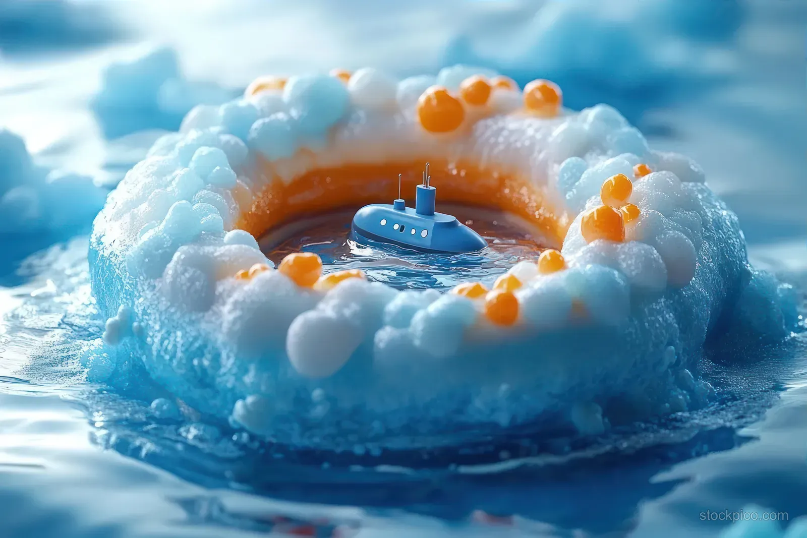A miniature blue submarine floats inside a colorful ring of foam bubbles on the ocean surface.