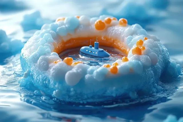 A miniature blue submarine floats inside a colorful ring of foam bubbles on the ocean surface.