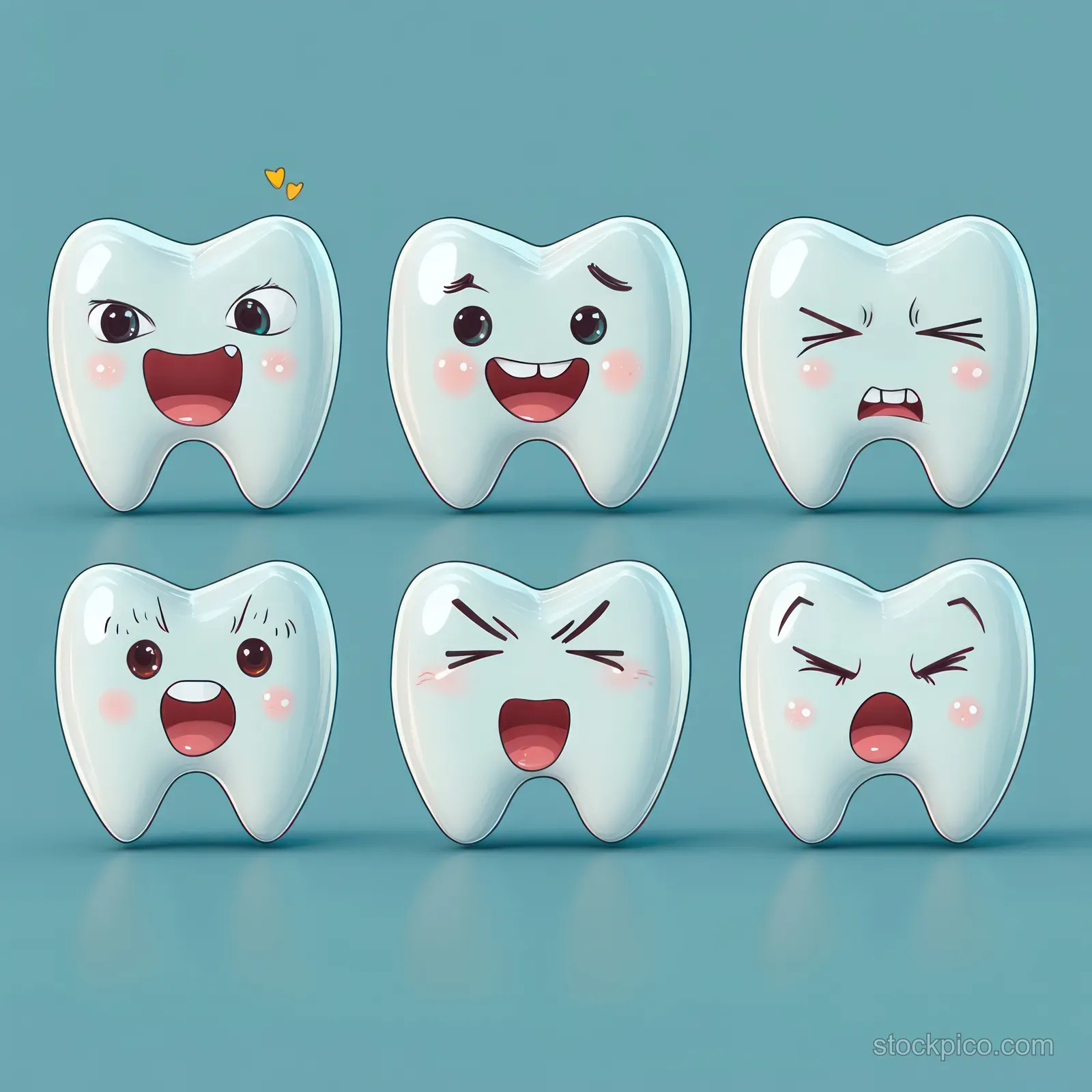 Six cartoon teeth characters with smiling and hurting expressions are arranged on a teal background.