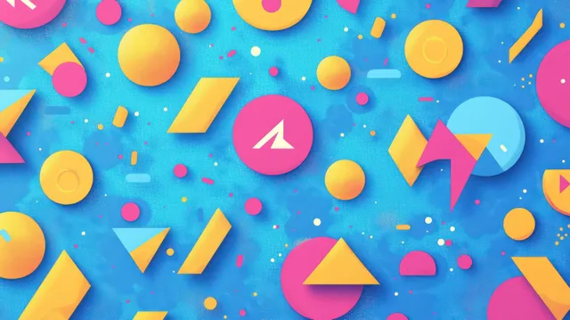Retro pop geometric background with floating circles, triangles, and confetti shapes on a bright blue backdrop.