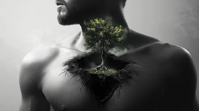 A shirtless man in mist has a tree sprouting from his chest with dark roots spreading outward.