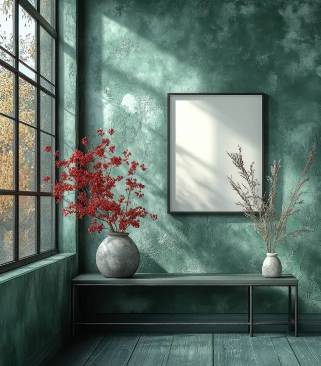 Minimalist art frame mockup with an empty canvas on a textured dark green wall illuminated by natural light and soft shadows.