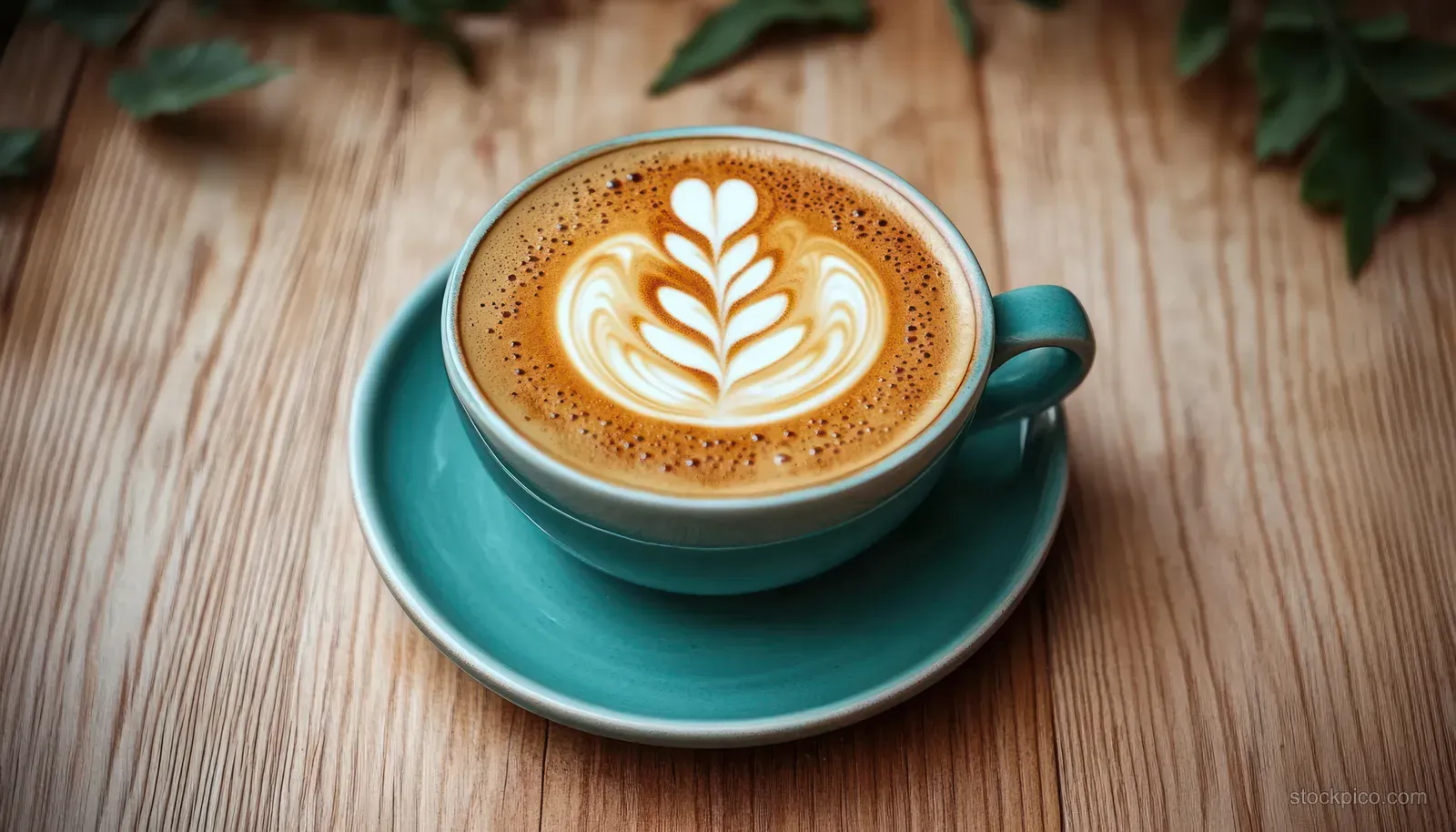 Teal cup latte on a wooden table with delicate white leaf latte art in the milk foam.