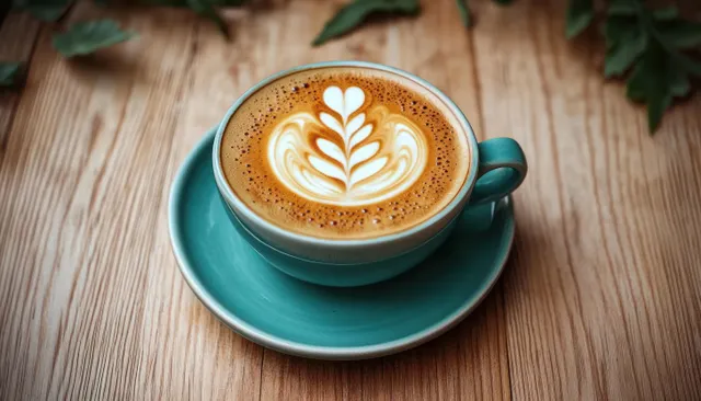 Close-up latte in teal cup with white leaf foam art on wooden table