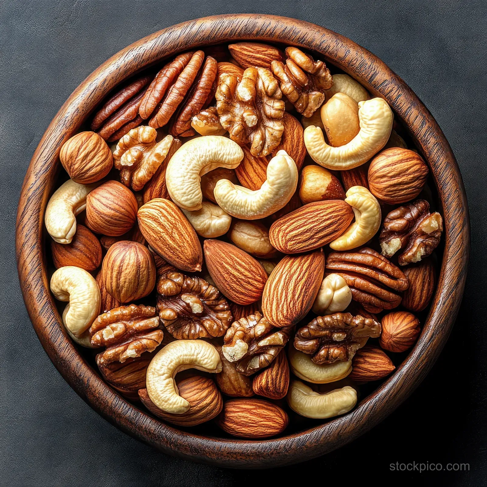 Mixed cashews, almonds, pecans, and walnuts fill a wooden bowl on a dark textured background.