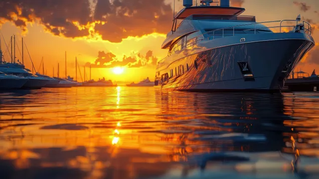 Luxury yachts are docked in a marina during sunset, reflecting golden light on calm water beneath clouds.