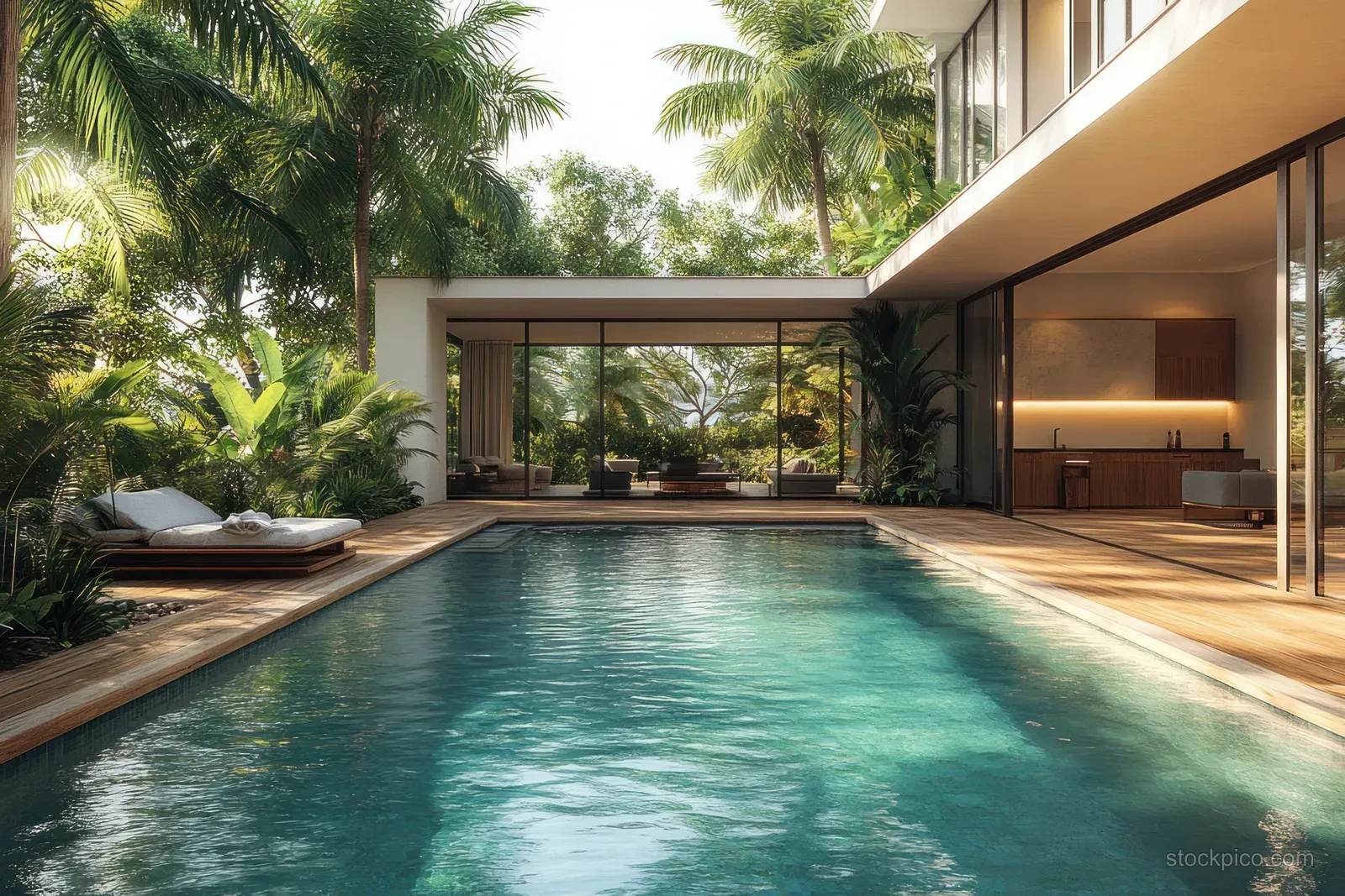 Empty indoor-outdoor swimming pool with wooden deck, tropical palms, and a blank wall for copy space.