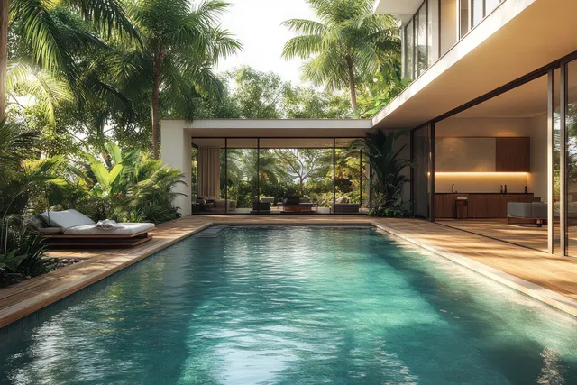 Empty indoor-outdoor swimming pool with wooden deck, tropical palms, and a blank wall for copy space.