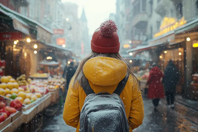 Cheerful woman in yellow coat walking through winter street market under glowing lights