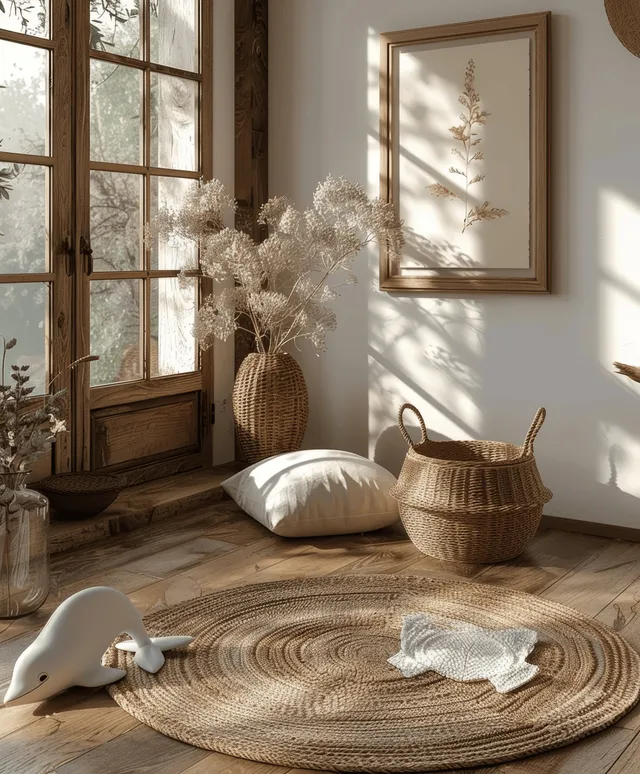 Bohemian nursery room corner with round woven rug, toys, and framed wall art