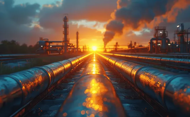Steel pipeline at oil refinery during sunset with smoke stacks and glowing sun rays
