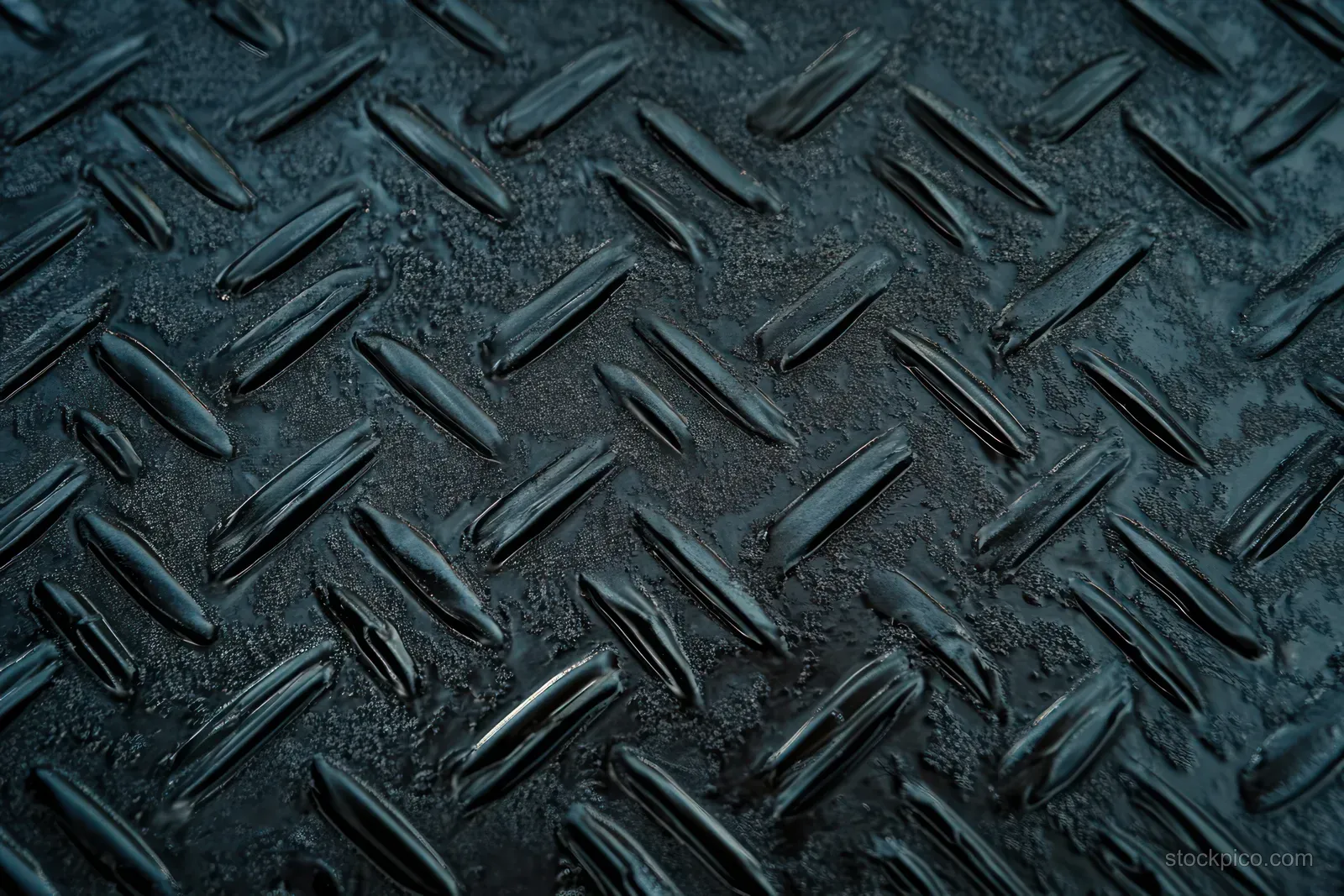 Worn dark diamond plate metal with raised tread patterns and rough reflective surface texture.