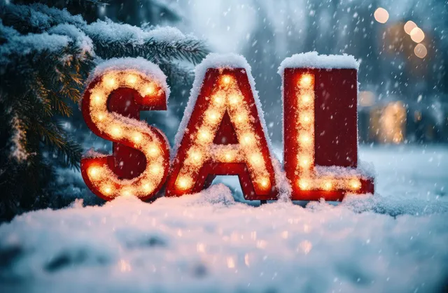Glowing red holiday letters partially buried in snow during snowfall
