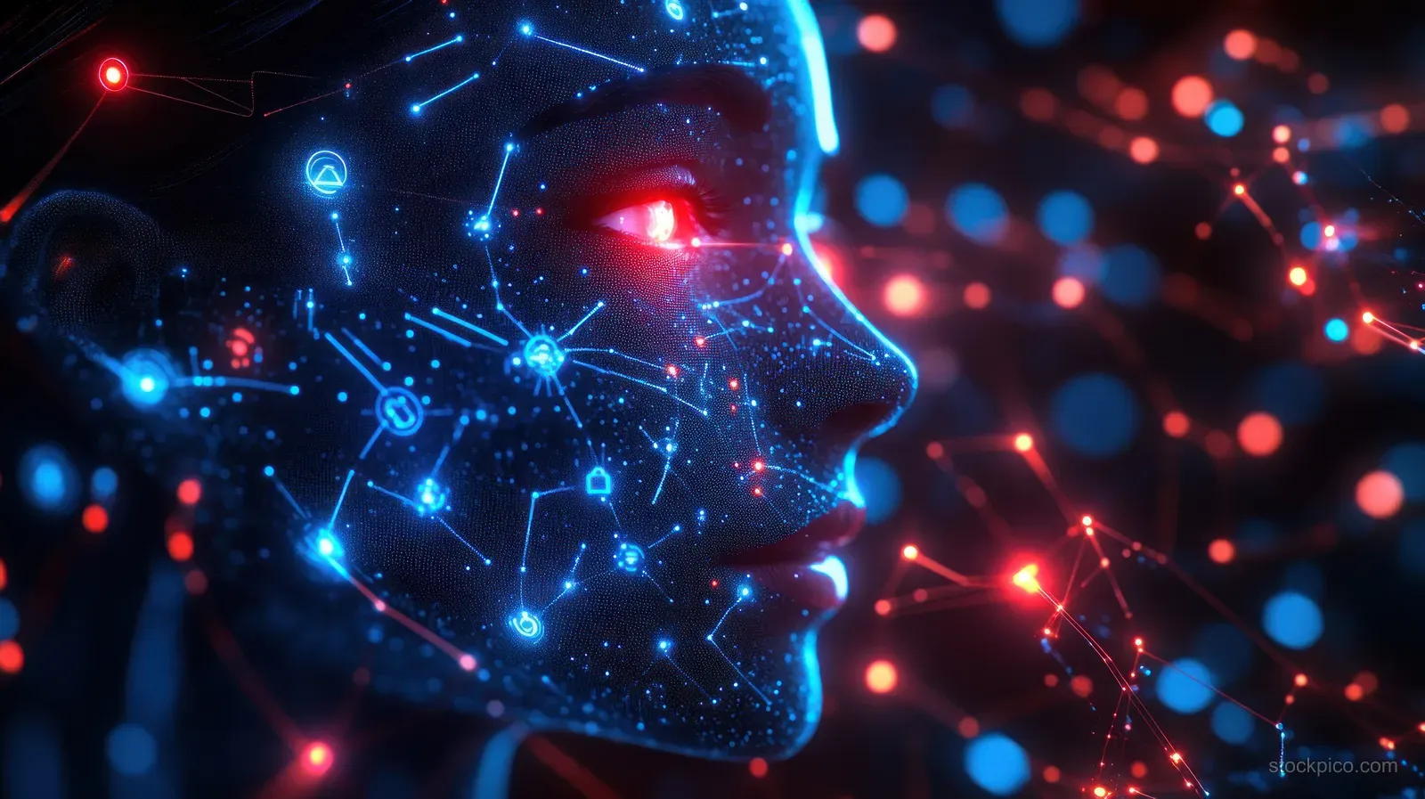 Neon cyberpunk head silhouette surrounded by glowing network nodes, user icons, and red-blue feedback signals.
