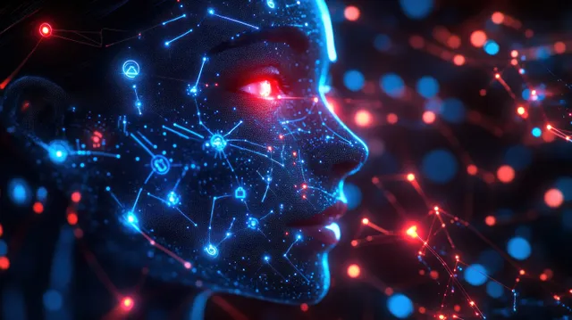 Neon cyberpunk head silhouette surrounded by glowing network nodes, user icons, and red-blue feedback signals.