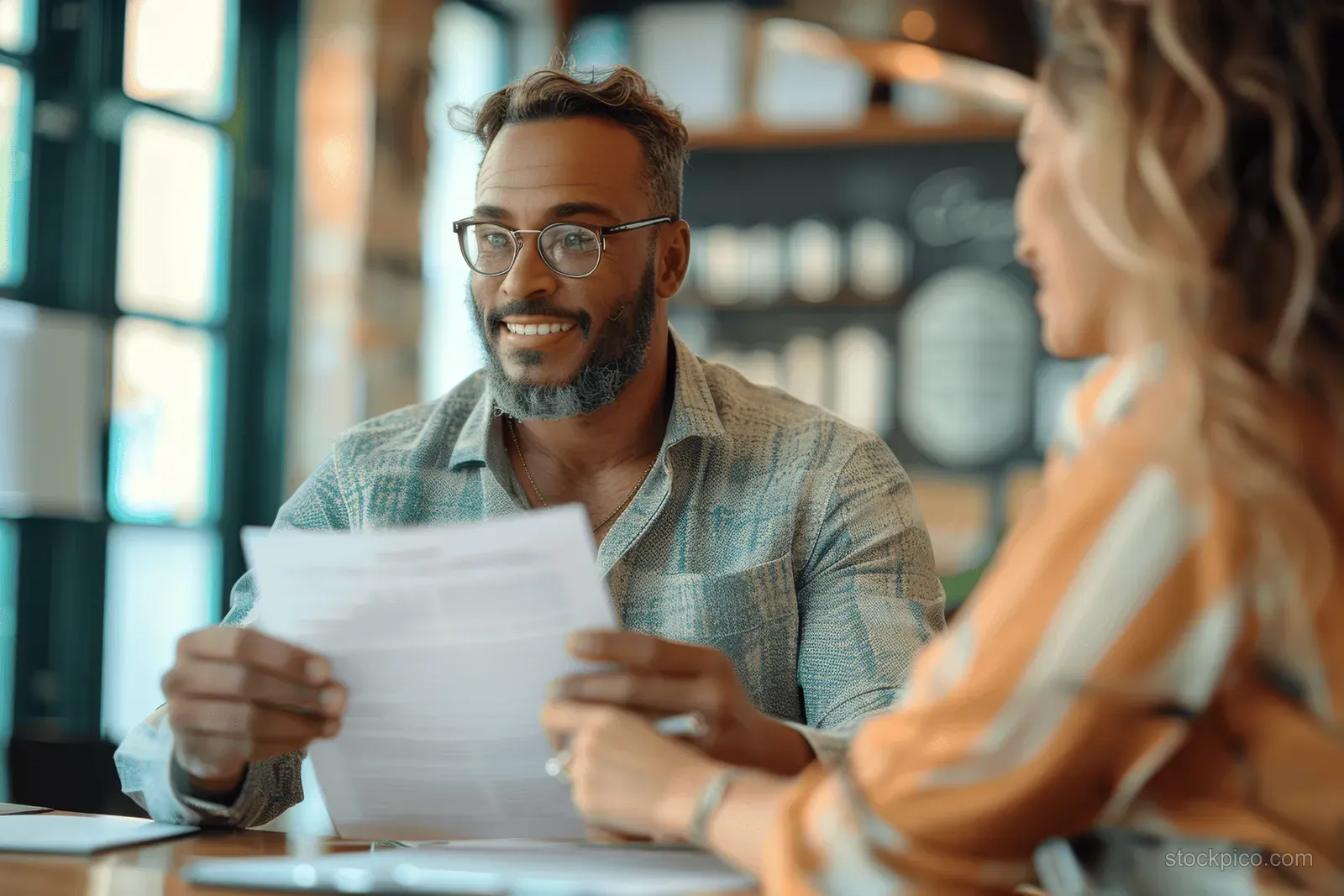 Business colleagues review printed financial documents at a desk during a meeting in an office.