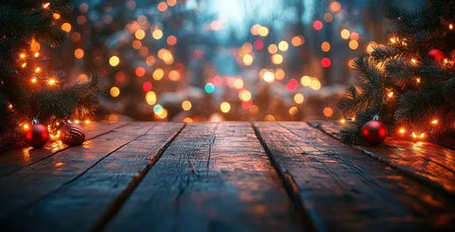 Christmas lights glow along a wooden table in a cozy evening interior