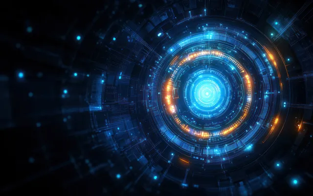 Glowing circular HUD interface with blue and orange data rings surrounded by dark geometric circuitry patterns.
