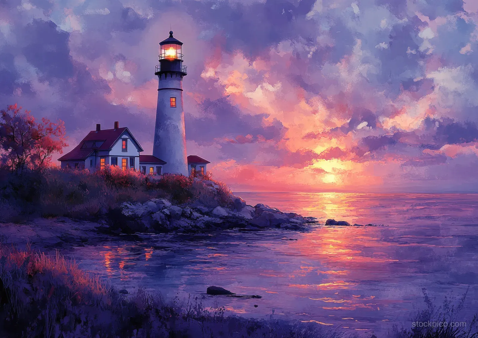A lighthouse with warm lights stands on a rocky coast as twilight clouds reflect in the ocean.