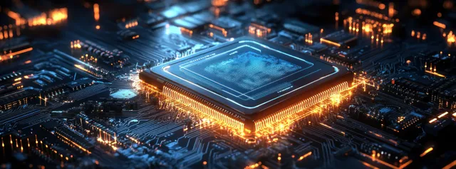 A glowing microchip is mounted on a circuit board with blue and orange illuminated traces.